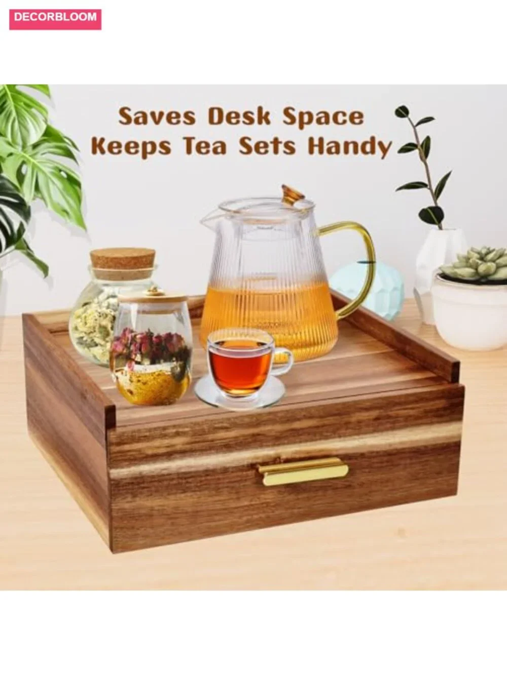 Acacia Wood Tea Bag Organizer with 12 Compartments Drawer